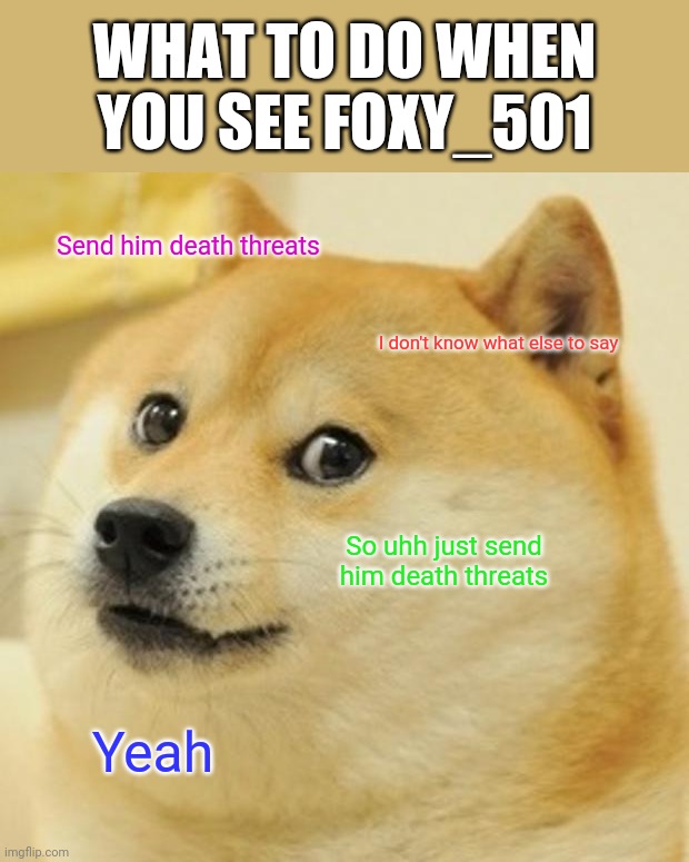 Doge | WHAT TO DO WHEN YOU SEE FOXY_501; Send him death threats; I don't know what else to say; So uhh just send him death threats; Yeah | image tagged in memes,doge | made w/ Imgflip meme maker