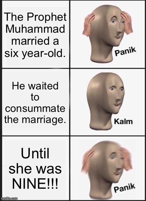 Revolting. | The Prophet Muhammad married a six year-old. He waited to consummate the marriage. Until she was NINE!!! | image tagged in memes,panik kalm panik,islam,muslim,muslims,muhammad | made w/ Imgflip meme maker