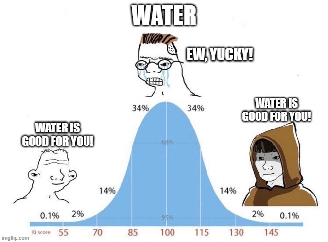 I find it weird that some people hate water. | WATER; EW, YUCKY! WATER IS GOOD FOR YOU! WATER IS GOOD FOR YOU! | image tagged in bell curve,memes,funny,water,why are you reading this | made w/ Imgflip meme maker