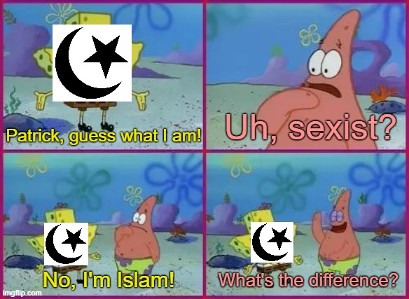 What's the difference? | Uh, sexist? Patrick, guess what I am! What's the difference? No, I'm Islam! | image tagged in texas spongebob,islam,muslim,religion,muslims,sexism | made w/ Imgflip meme maker
