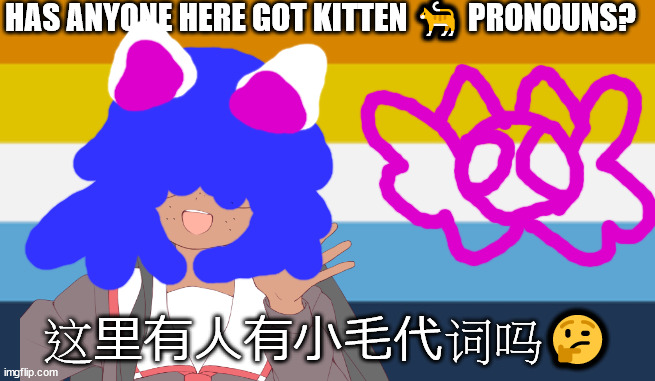 多语言 a queer point of view | HAS ANYONE HERE GOT KITTEN 🐈 PRONOUNS? 这里有人有小毛代词吗🤔 | image tagged in no one from new order or pet shop boys will die tomorrow | made w/ Imgflip meme maker
