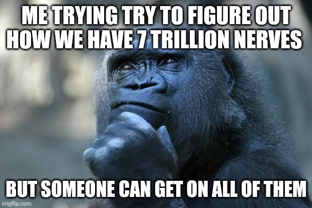 Deep Thoughts | ME TRYING TRY TO FIGURE OUT HOW WE HAVE 7 TRILLION NERVES; BUT SOMEONE CAN GET ON ALL OF THEM | image tagged in deep thoughts | made w/ Imgflip meme maker