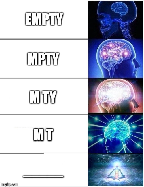 Expanding Brain 5 Panel | EMPTY; MPTY; M TY; M T; _____ | image tagged in expanding brain 5 panel | made w/ Imgflip meme maker
