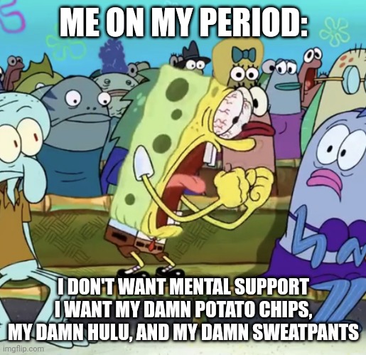 :I | ME ON MY PERIOD:; I DON'T WANT MENTAL SUPPORT I WANT MY DAMN POTATO CHIPS, MY DAMN HULU, AND MY DAMN SWEATPANTS | image tagged in spongebob yelling | made w/ Imgflip meme maker