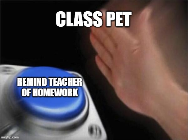 Class pet immediate reaction | CLASS PET; REMIND TEACHER OF HOMEWORK | image tagged in memes,blank nut button | made w/ Imgflip meme maker