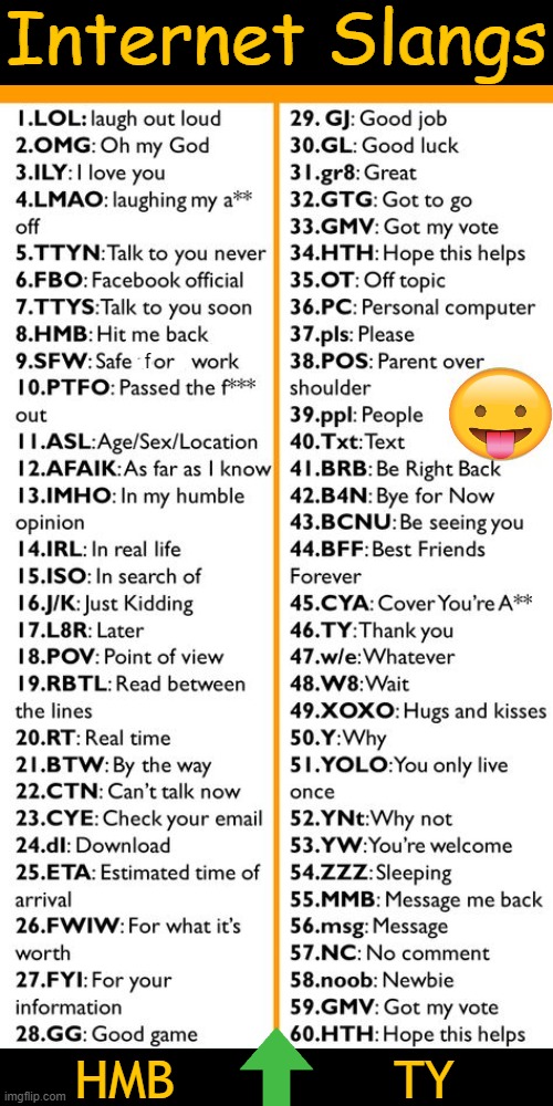 YOLO | Internet Slangs; f; HMB              TY | image tagged in fun,internet guide,handy,slang,list,up with upvotes week | made w/ Imgflip meme maker