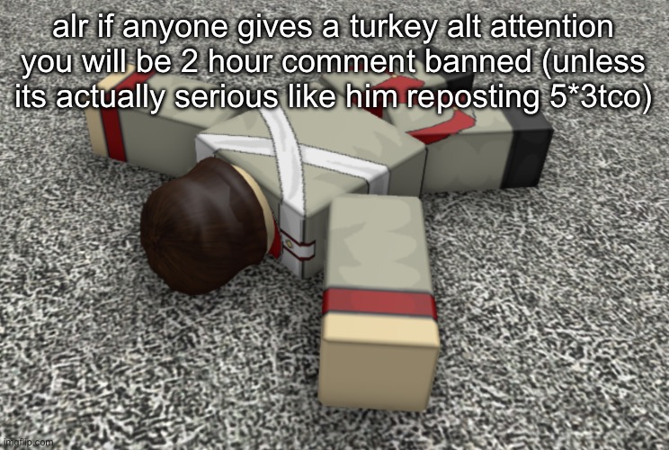 Dont give them attention (unless its serious) | alr if anyone gives a turkey alt attention you will be 2 hour comment banned (unless its actually serious like him reposting 5*3tco) | image tagged in random ahh annoucement temp | made w/ Imgflip meme maker