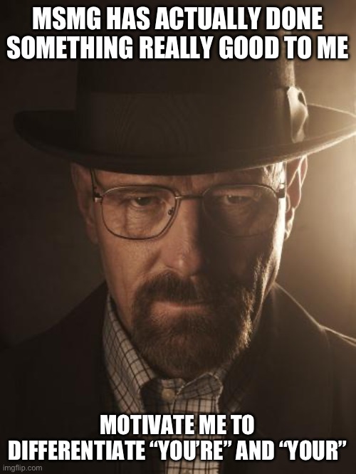 Walter White | MSMG HAS ACTUALLY DONE SOMETHING REALLY GOOD TO ME; MOTIVATE ME TO DIFFERENTIATE “YOU’RE” AND “YOUR” | image tagged in walter white | made w/ Imgflip meme maker