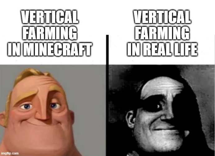 Vertical farming | VERTICAL FARMING IN MINECRAFT; VERTICAL FARMING IN REAL LIFE | image tagged in teacher's copy | made w/ Imgflip meme maker