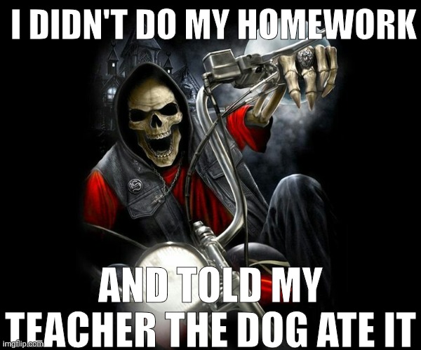 Badass Biker Skeleton | I DIDN'T DO MY HOMEWORK; AND TOLD MY TEACHER THE DOG ATE IT | image tagged in badass biker skeleton | made w/ Imgflip meme maker