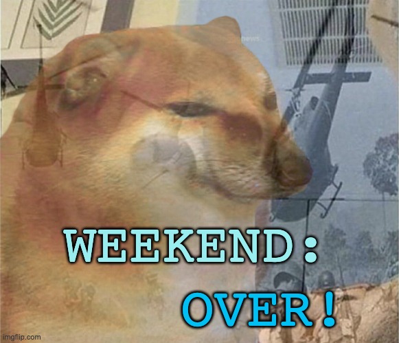 Cheems is not rested yet. | WEEKEND:; OVER! | image tagged in cheems ptsd,weekend,tired,current mood | made w/ Imgflip meme maker