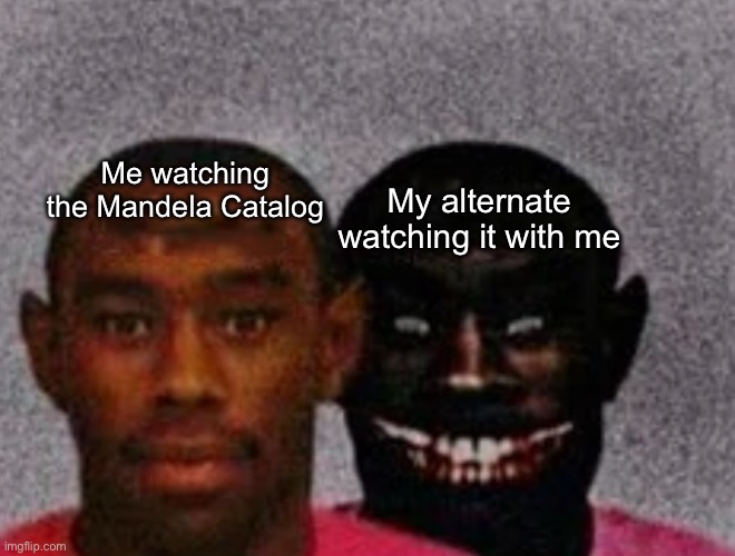 The Spoopy Catalog | My alternate watching it with me; Me watching the Mandela Catalog | image tagged in good tyler and bad tyler,the mandela catalog,analog horror | made w/ Imgflip meme maker