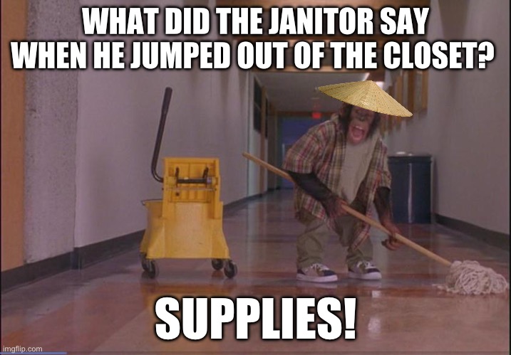 WHAT DID THE JANITOR SAY WHEN HE JUMPED OUT OF THE CLOSET? SUPPLIES! | image tagged in funny memes,monkey,janitor,school meme,republicans,maga | made w/ Imgflip meme maker