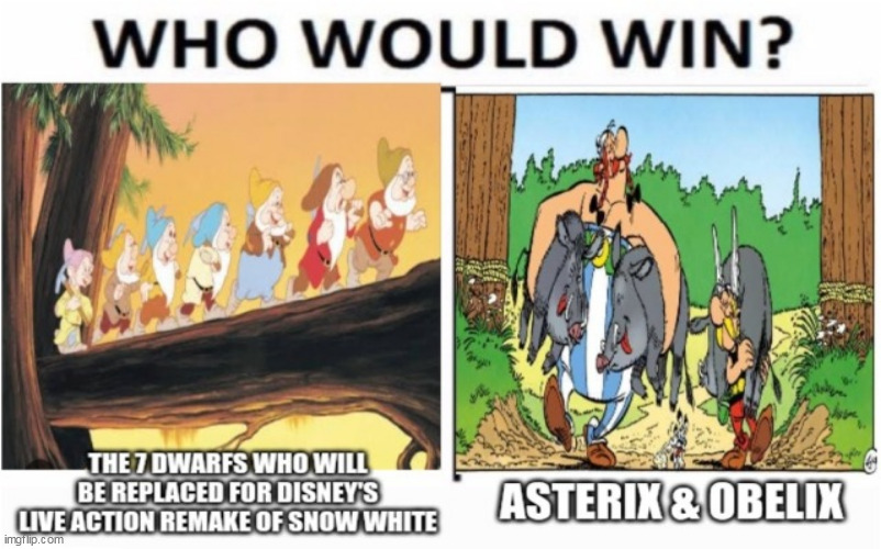 Will Asterix & Obelix's rendition of Heigh-Ho make Rachel Zegler afraid to diss thanks to her live action Snow White movie? | image tagged in snow white,asterix | made w/ Imgflip meme maker