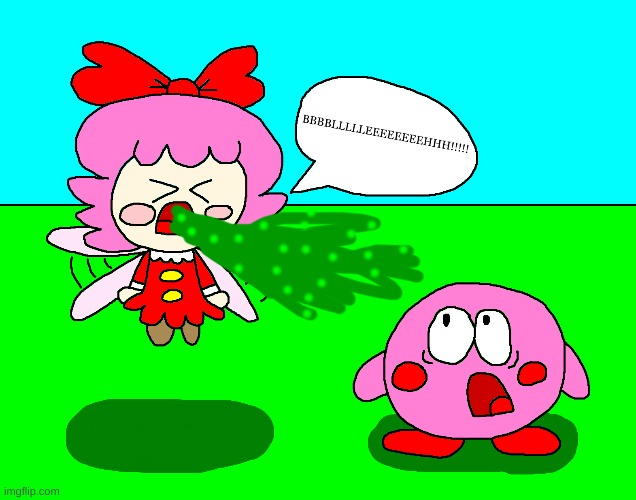 Ribbon almost vomits on Kirby | image tagged in kirby,vomit,funny,cute,gross,parody | made w/ Imgflip meme maker