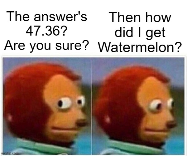 Secured 'Z-' ?well done | Then how did I get  Watermelon? The answer's 47.36? Are you sure? | image tagged in memes,monkey puppet | made w/ Imgflip meme maker