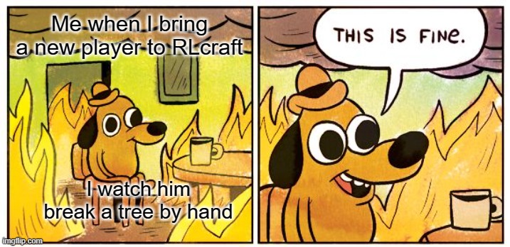 Tomorrow, I will make him test to have a full iron | Me when I bring a new player to RLcraft; I watch him break a tree by hand | image tagged in memes,this is fine,minecraft | made w/ Imgflip meme maker
