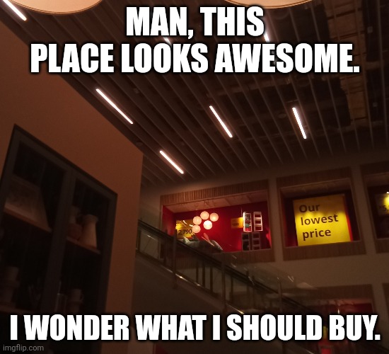 MAN, THIS PLACE LOOKS AWESOME. I WONDER WHAT I SHOULD BUY. | made w/ Imgflip meme maker