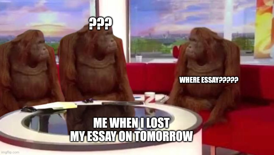 where monkey | ??? WHERE ESSAY????? ME WHEN I LOST MY ESSAY ON TOMORROW | image tagged in where monkey | made w/ Imgflip meme maker