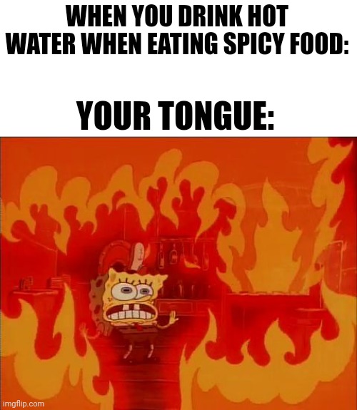 Burning Spongebob | WHEN YOU DRINK HOT WATER WHEN EATING SPICY FOOD:; YOUR TONGUE: | image tagged in burning spongebob | made w/ Imgflip meme maker