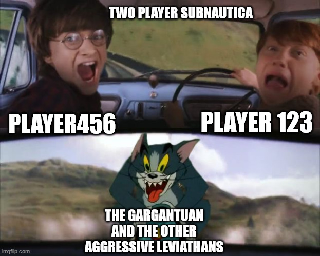 Don't play 2 player subnautica | TWO PLAYER SUBNAUTICA; PLAYER 123; PLAYER456; THE GARGANTUAN AND THE OTHER AGGRESSIVE LEVIATHANS | image tagged in tom chasing harry and ron weasly | made w/ Imgflip meme maker