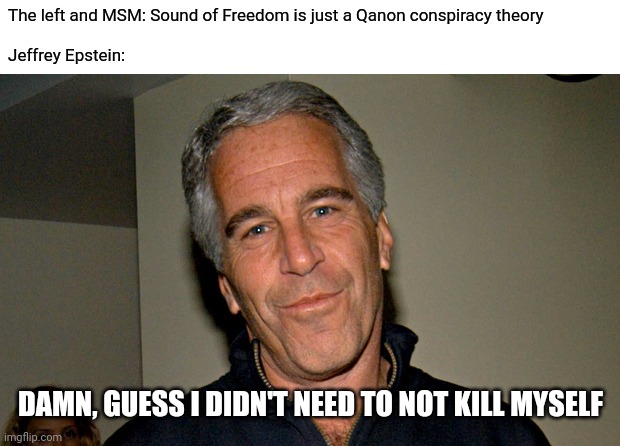 Premature elimination | The left and MSM: Sound of Freedom is just a Qanon conspiracy theory
 
Jeffrey Epstein:; DAMN, GUESS I DIDN'T NEED TO NOT KILL MYSELF | image tagged in jeffrey epstein,memes,politics,sound of freedom | made w/ Imgflip meme maker