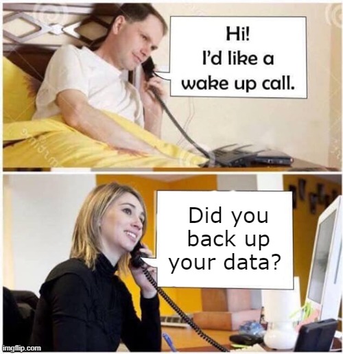 Wake up Call | Did you back up your data? | image tagged in wake up call - 2 panel | made w/ Imgflip meme maker