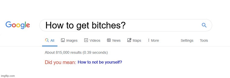 Oof... | How to get bitches? How to not be yourself? | image tagged in did you mean,google,no bitches,funny,memes,dank memes | made w/ Imgflip meme maker