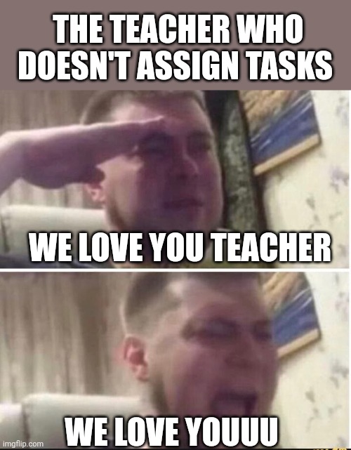 The incredible teacher | THE TEACHER WHO DOESN'T ASSIGN TASKS; WE LOVE YOU TEACHER; WE LOVE YOUUU | image tagged in crying salute,memes,funny,funny memes,fun,funny meme | made w/ Imgflip meme maker