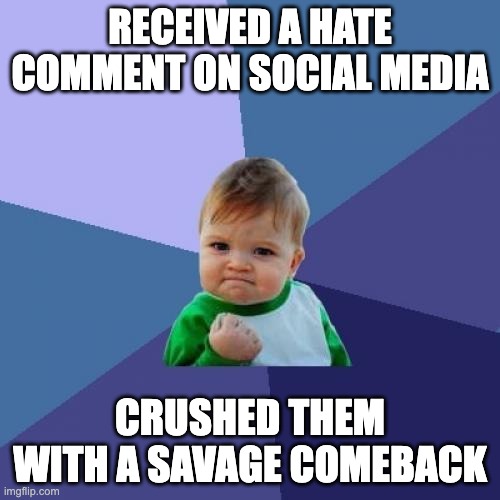 SUCCESS | RECEIVED A HATE COMMENT ON SOCIAL MEDIA; CRUSHED THEM WITH A SAVAGE COMEBACK | image tagged in memes,success kid,meme,relatable,fyp | made w/ Imgflip meme maker