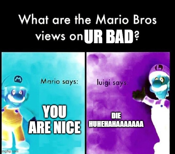 Mario Bros Views | UR BAD; YOU ARE NICE; DIE HUHEHAHAAAAAAA | image tagged in mario bros views | made w/ Imgflip meme maker