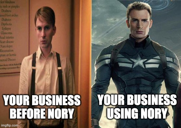 Nory Before and After | YOUR BUSINESS USING NORY; YOUR BUSINESS BEFORE NORY | image tagged in captain america before after | made w/ Imgflip meme maker