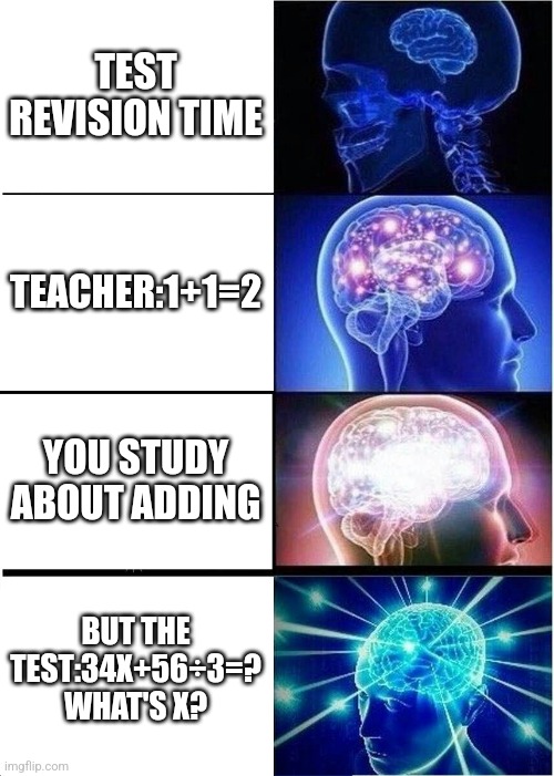 When ur school is at 69th place in the whole world | TEST REVISION TIME; TEACHER:1+1=2; YOU STUDY ABOUT ADDING; BUT THE TEST:34X+56÷3=?
WHAT'S X? | image tagged in memes,expanding brain | made w/ Imgflip meme maker