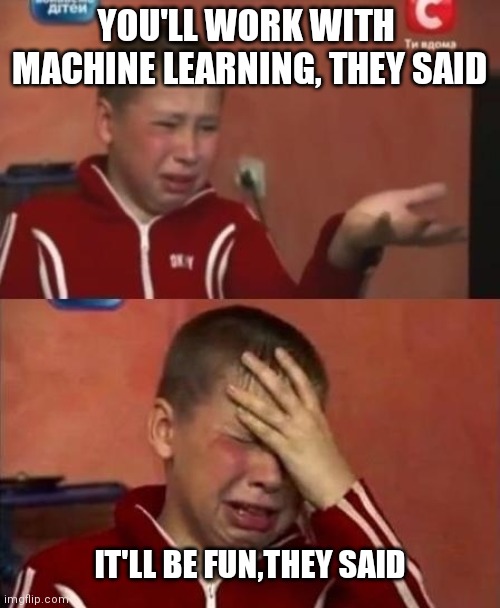 ukrainian kid crying | YOU'LL WORK WITH  MACHINE LEARNING, THEY SAID; IT'LL BE FUN,THEY SAID | image tagged in ukrainian kid crying | made w/ Imgflip meme maker
