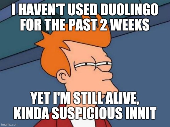 Hmm | I HAVEN'T USED DUOLINGO FOR THE PAST 2 WEEKS; YET I'M STILL ALIVE, KINDA SUSPICIOUS INNIT | image tagged in memes,futurama fry | made w/ Imgflip meme maker