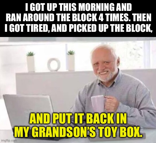Block | I GOT UP THIS MORNING AND RAN AROUND THE BLOCK 4 TIMES. THEN I GOT TIRED, AND PICKED UP THE BLOCK, AND PUT IT BACK IN MY GRANDSON’S TOY BOX. | image tagged in harold | made w/ Imgflip meme maker