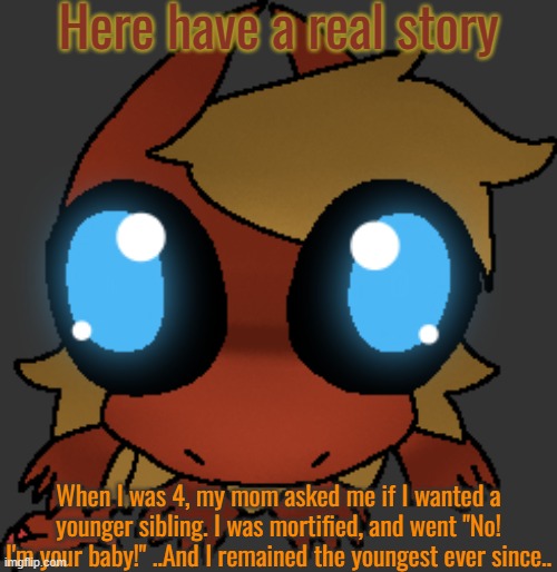 . | Here have a real story; When I was 4, my mom asked me if I wanted a younger sibling. I was mortified, and went "No! I'm your baby!" ..And I remained the youngest ever since.. | image tagged in what | made w/ Imgflip meme maker