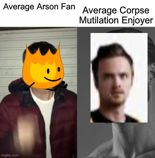 Criminal comparison | Average Corpse Mutilation Enjoyer; Average Arson Fan | image tagged in average fan vs average enjoyer | made w/ Imgflip meme maker