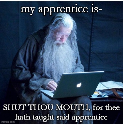 Gandalf Checks His Email | my apprentice is- SHUT THOU MOUTH, for thee hath taught said apprentice | image tagged in gandalf checks his email | made w/ Imgflip meme maker