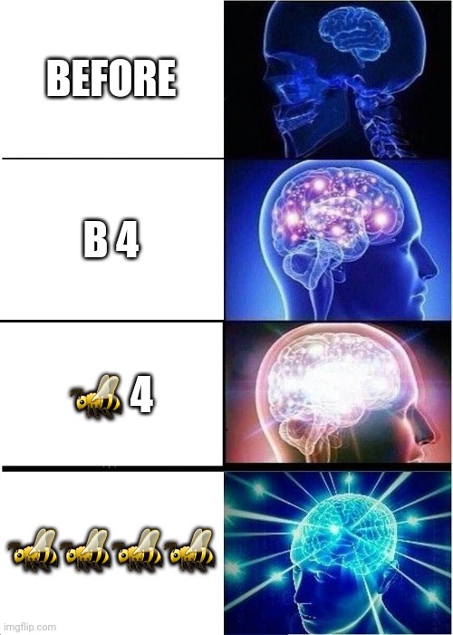 Lol | BEFORE; B 4; 🐝 4; 🐝🐝🐝🐝 | image tagged in memes,expanding brain | made w/ Imgflip meme maker