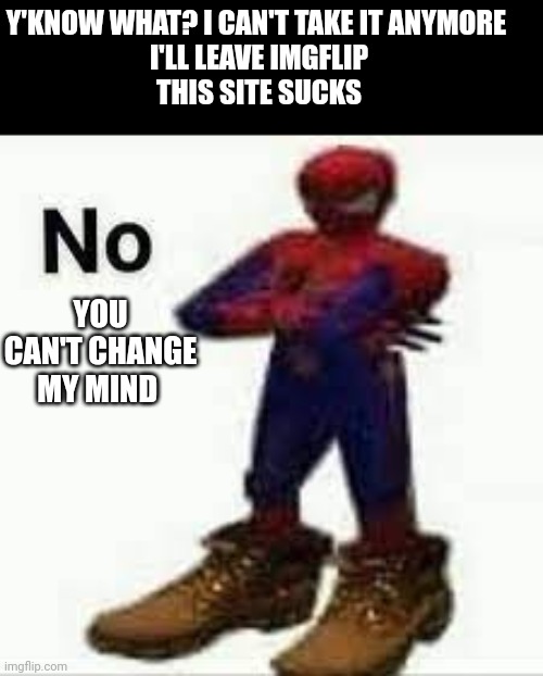 I hate this world | Y'KNOW WHAT? I CAN'T TAKE IT ANYMORE 
I'LL LEAVE IMGFLIP
THIS SITE SUCKS; YOU CAN'T CHANGE MY MIND | image tagged in no spiderman,memes,im leaving | made w/ Imgflip meme maker