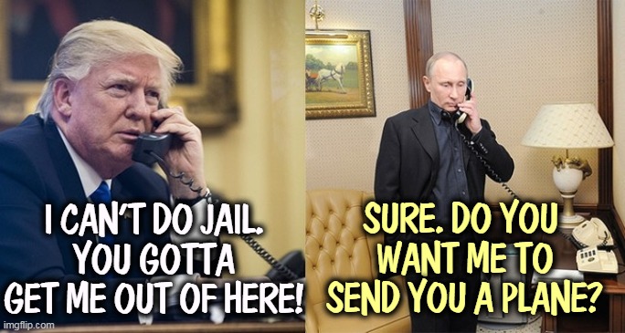 Uh, maybe not. | SURE. DO YOU 
WANT ME TO SEND YOU A PLANE? I CAN'T DO JAIL.
YOU GOTTA GET ME OUT OF HERE! | image tagged in trump,coward,fear,jail,putin,plane | made w/ Imgflip meme maker