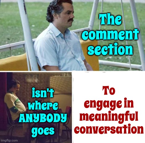 That's Where Everyone Goes To Lip Office At Strangers For No Other Reason Than They're Too Afraid To Take A Real Chance | The comment section; To engage in meaningful conversation; isn't where ANYBODY goes | image tagged in memes,sad pablo escobar,comment section,comments,it came from the comments,grow up | made w/ Imgflip meme maker