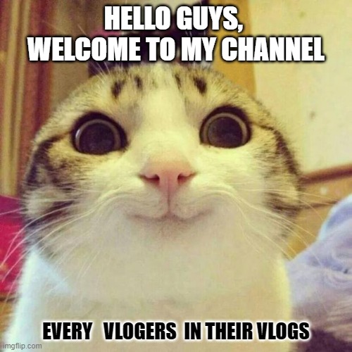 Smiling Cat | HELLO GUYS, 
WELCOME TO MY CHANNEL; EVERY   VLOGERS  IN THEIR VLOGS | image tagged in memes,smiling cat | made w/ Imgflip meme maker