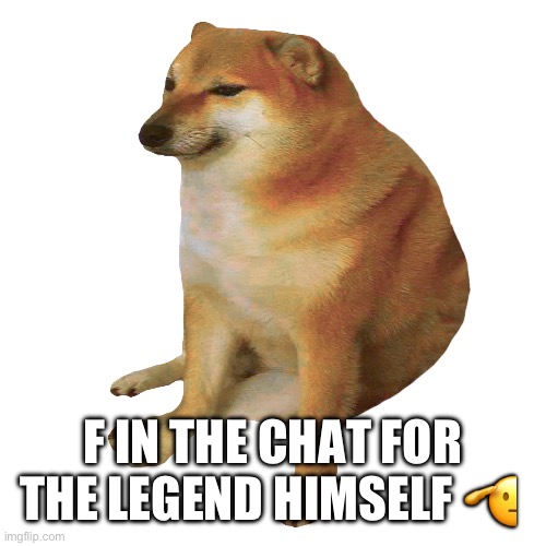 F IN THE CHAT FOR THE LEGEND HIMSELF ? | image tagged in cheems | made w/ Imgflip meme maker