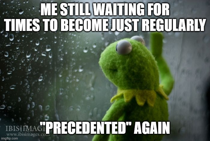 kermit window | ME STILL WAITING FOR TIMES TO BECOME JUST REGULARLY; "PRECEDENTED" AGAIN | image tagged in kermit window | made w/ Imgflip meme maker