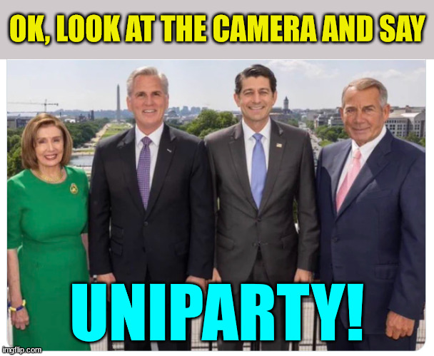 If they started a band, they could call themselves: Nancy and the Rinos | OK, LOOK AT THE CAMERA AND SAY; UNIPARTY! | image tagged in evil smile,pelosi,rino | made w/ Imgflip meme maker