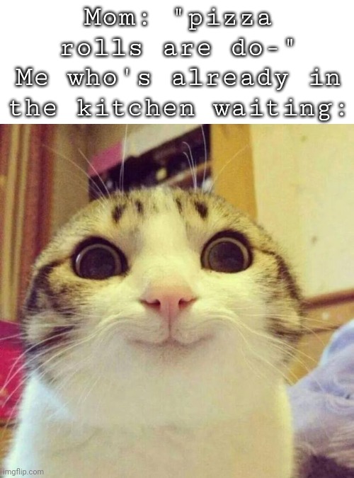 Who else? | Mom: "pizza rolls are do-"
Me who's already in the kitchen waiting: | image tagged in memes,smiling cat,pizza,pizza rolls,happy,cats | made w/ Imgflip meme maker