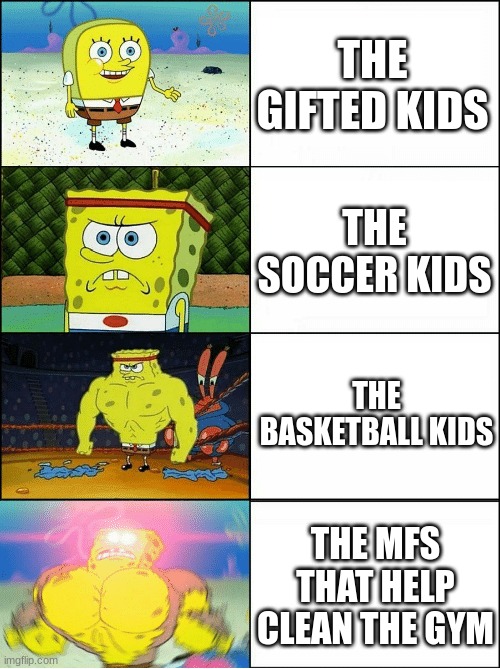 fr | THE GIFTED KIDS; THE SOCCER KIDS; THE BASKETBALL KIDS; THE MFS THAT HELP CLEAN THE GYM | image tagged in sponge finna commit muder | made w/ Imgflip meme maker