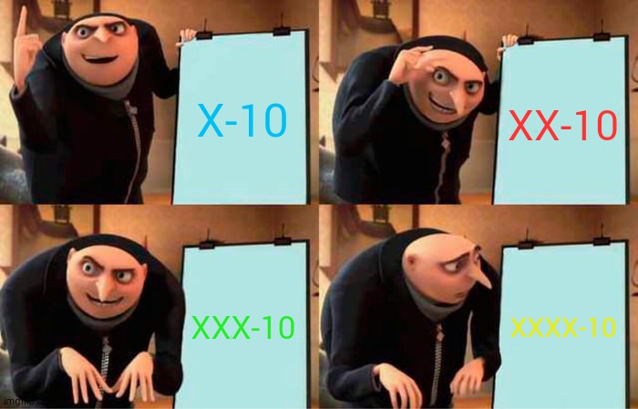 Gru's Plan Meme | X-10 XX-10 XXX-10 XXXX-10 | image tagged in memes,gru's plan | made w/ Imgflip meme maker